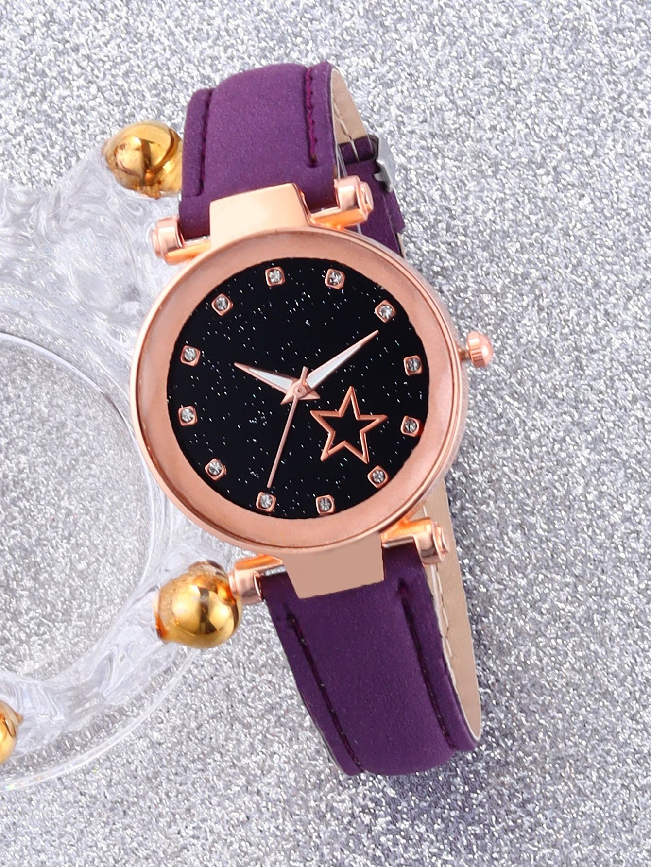 Purple fashion five-pointed star alloy leather women\'s quartz watch and purple hollow necklace set birthday gift wear pieces