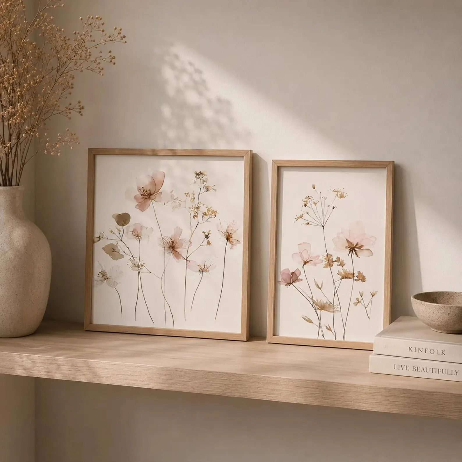 Set of 2 Pink Botanical Prints Blush Wildflower Watercolor Art Prints Wall Art Pictures for Living Room Cuadros Decor