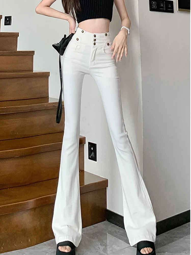 Casual Three Breasted High Waisted Elastic Denim Slim Fit Flared Pants 2024 Autumn New Korean Fashion Women'S Clothing