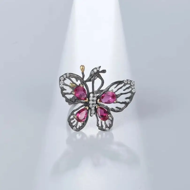 GEM'S BALLET Original Design Butterfly Rings 925 Sterling Silver Lab Created Ruby Handmade Statement Ring Jewelry Gift For Her