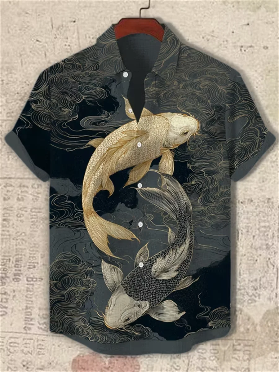 Hawaiian style men's short sleeved linen shirt, button design, digital printing, casual and comfortable, fashionable dressing