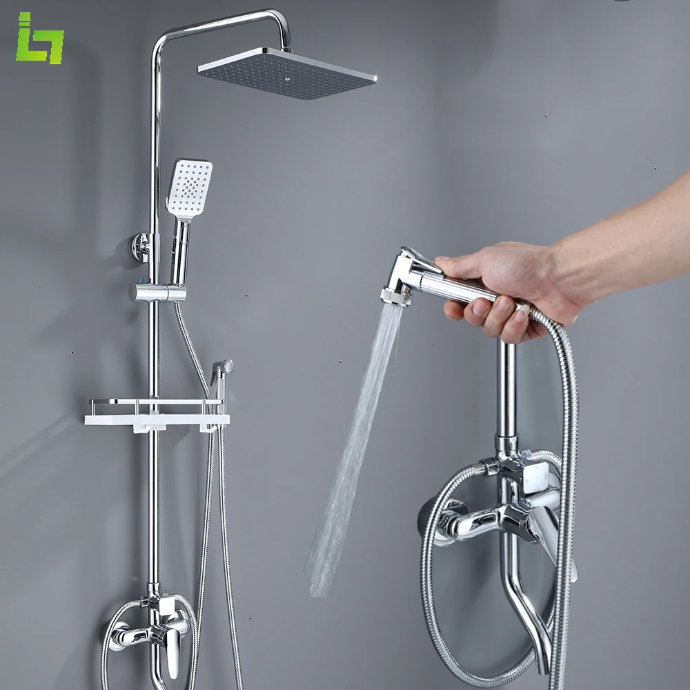 Chroem Shower Faucet Set  Rainfall High Quality All Metal Bathtub Mixer Tap 4-way With Bidet and Bathroom Shelf