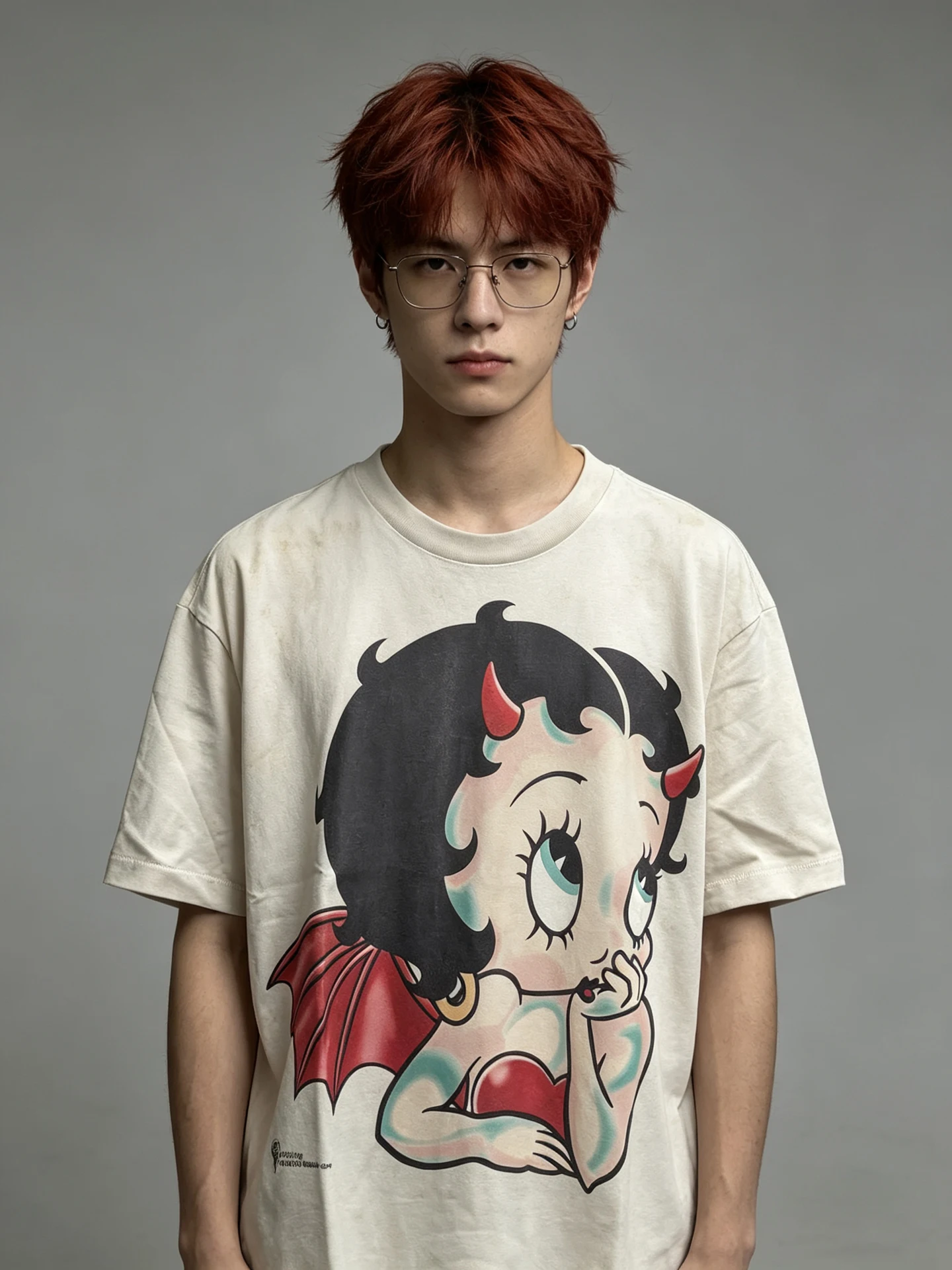 Washed Short Sleeve T-Shirt Devil Betty Print Casual Loose Unisex Cotton Top for Couples Summer Non-Fading Shoulder-Length