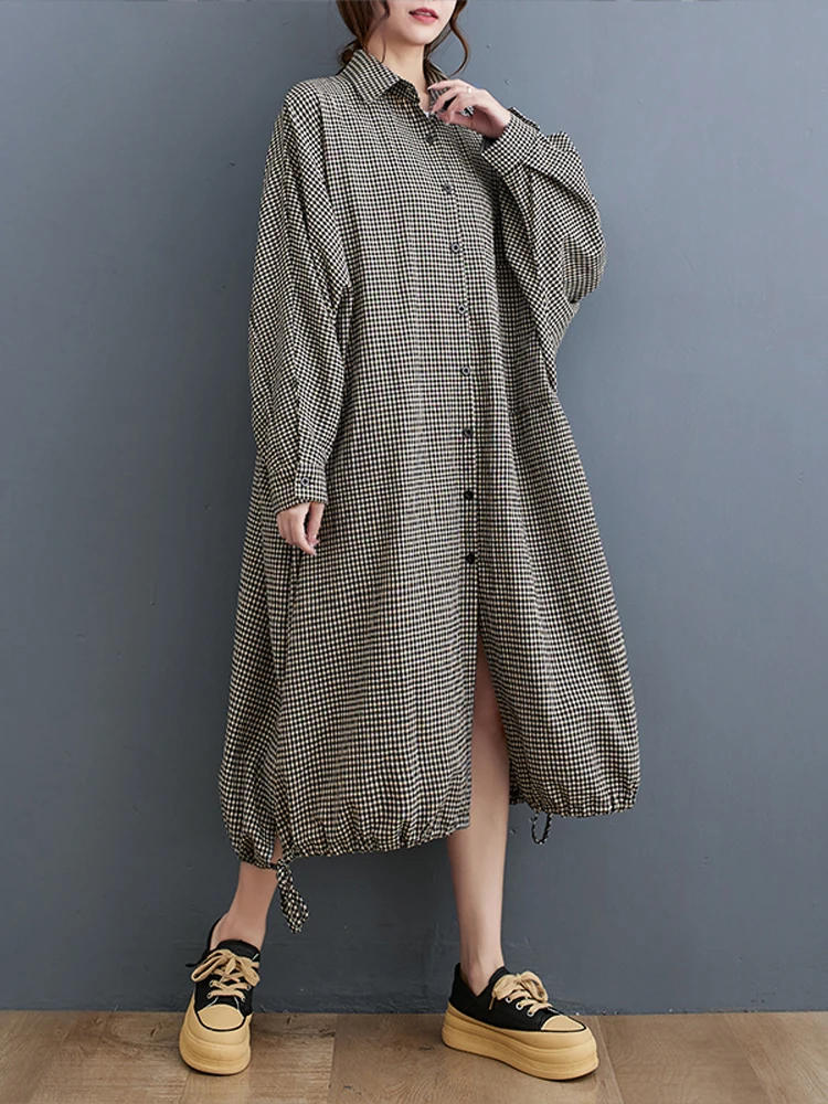 NYFS-فستان قميص نسائي فضفاض منقوش بأكمام طويلة ، فساتين قطنية ، رداء من الكتان ، Elbise ، كوريا ، خريف ، جديد ، 2023 #2