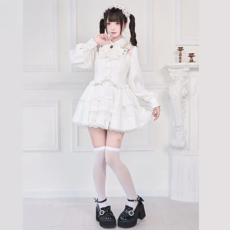 قميص Sweet Girl بياقة مقلوبة بلون سادة متعدد الاستخدامات متوسط الطول للربيع والخريف قميص ياباني جديد بأكمام طويلة منتج كبير