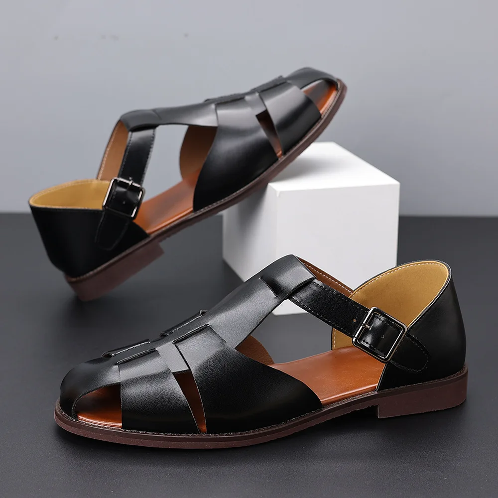 

Мужские модные римские сандалии, мужские летние дышащие кожаные туфли на полой подошве, мужские повседневные мягкие удобные туфли на плоской подошве