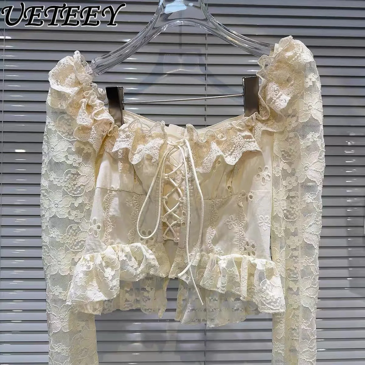

Sexy Fashion Elegant Straps Lace Top Blouse Women 2025 Spring/summer Fungus Edge Strap Slim Long Sleeve Shirt Top Female Blusas