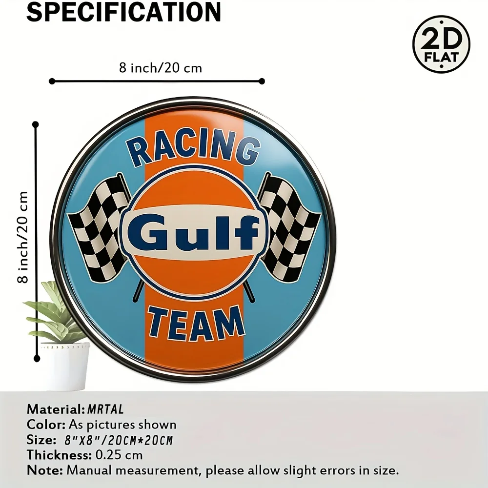 1pc Vintage Gulf Race Track Metal Wall Art - 8x8 Inch Round Retro Racing Tin Sign with Vibrant Orange & Blue Checkered Flags, Du