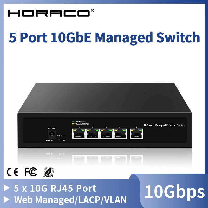 HORACO 10G Switch 5 Port Web Managed Network Switch 10000Mbps Smart Managed Home Lab Ethernet Switch LACP/VLAN/DHCP Client