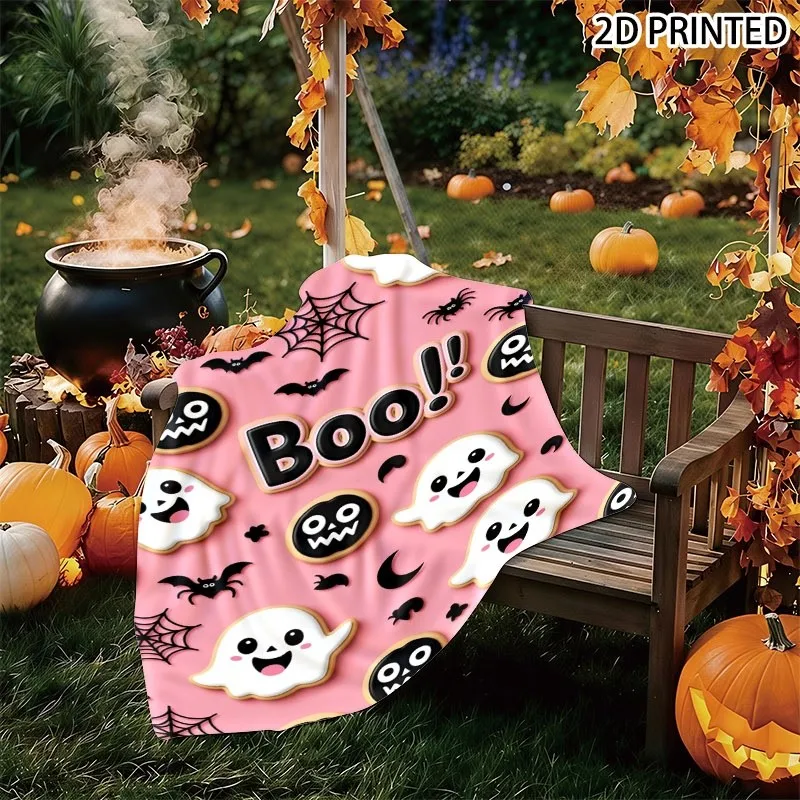 Playful Pink Halloween Themed Throw Blanket with Cute Cookies, Bats, Spider Webs & Bold 