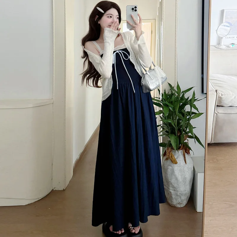 Maternity Suit Summer 2026 Gentle Temperament Blue Lace Trim Spaghetti Strap Maxi Dress and Thin Cardigan for Pregnant Women