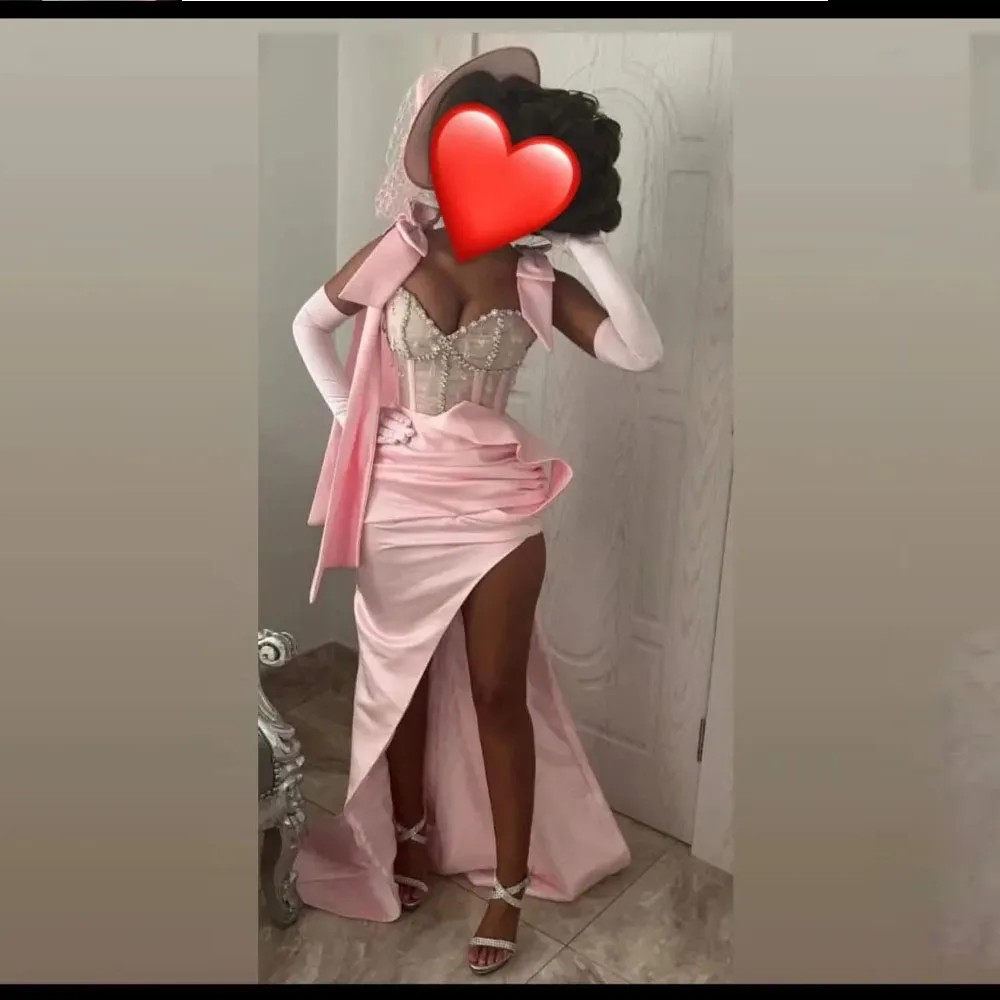 

Modern Pink Satin Cocktail Dress Mermaid Cocktail Gowns for Women Straps With Bow Beading Sleevless Party Gown