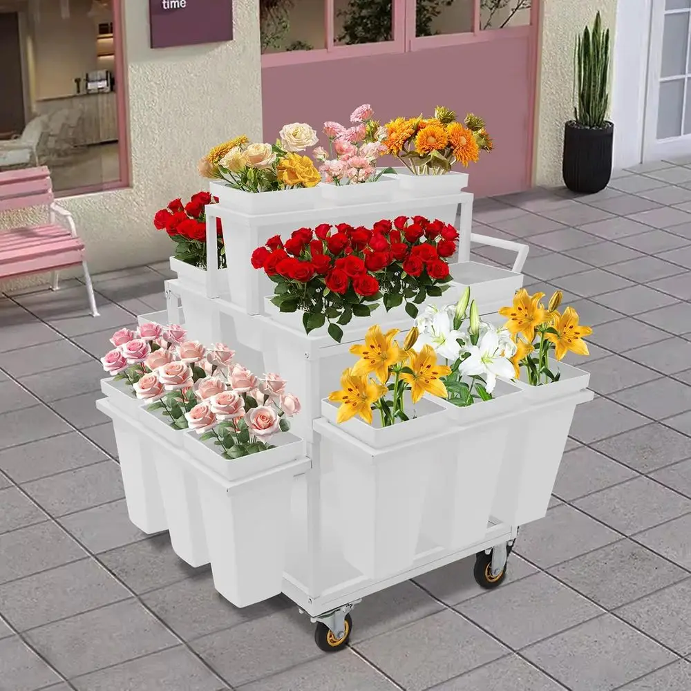 

6-Layer Indoor/Outdoor Plant Stand with Wheels and 18 Carts, White
