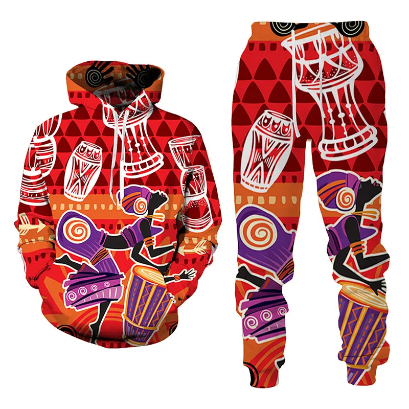 2022 yeni 3D afrika baskı rahat erkekler pantolon takım elbise çift kıyafetler Vintage Hip Hop Hoodies + pantolon erkek/kadın eşofman takımı