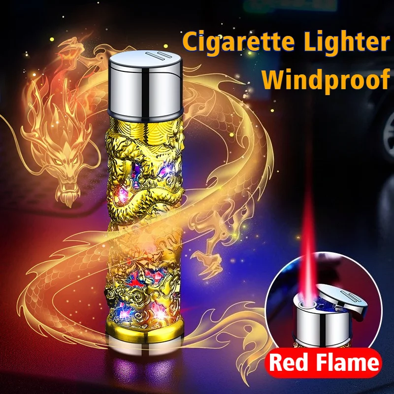 

New Cigar Igniter Embossed Craft Metal Red Fire Lighter Inflatable Windproof Open Flame Cigarette Lighters & Smoking Accessories