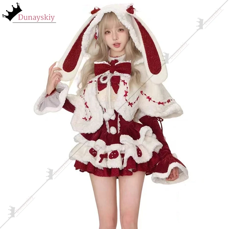 ฤดูหนาวY2K Kawaii Lolitaชุดคอสเพลย์เครื่องแต่งกายผู้หญิงโบว์ผ้าคลุมไหล่แจ็คเก็ตสั้น2025คริสต์มาสปีใหม่ชุดสูท