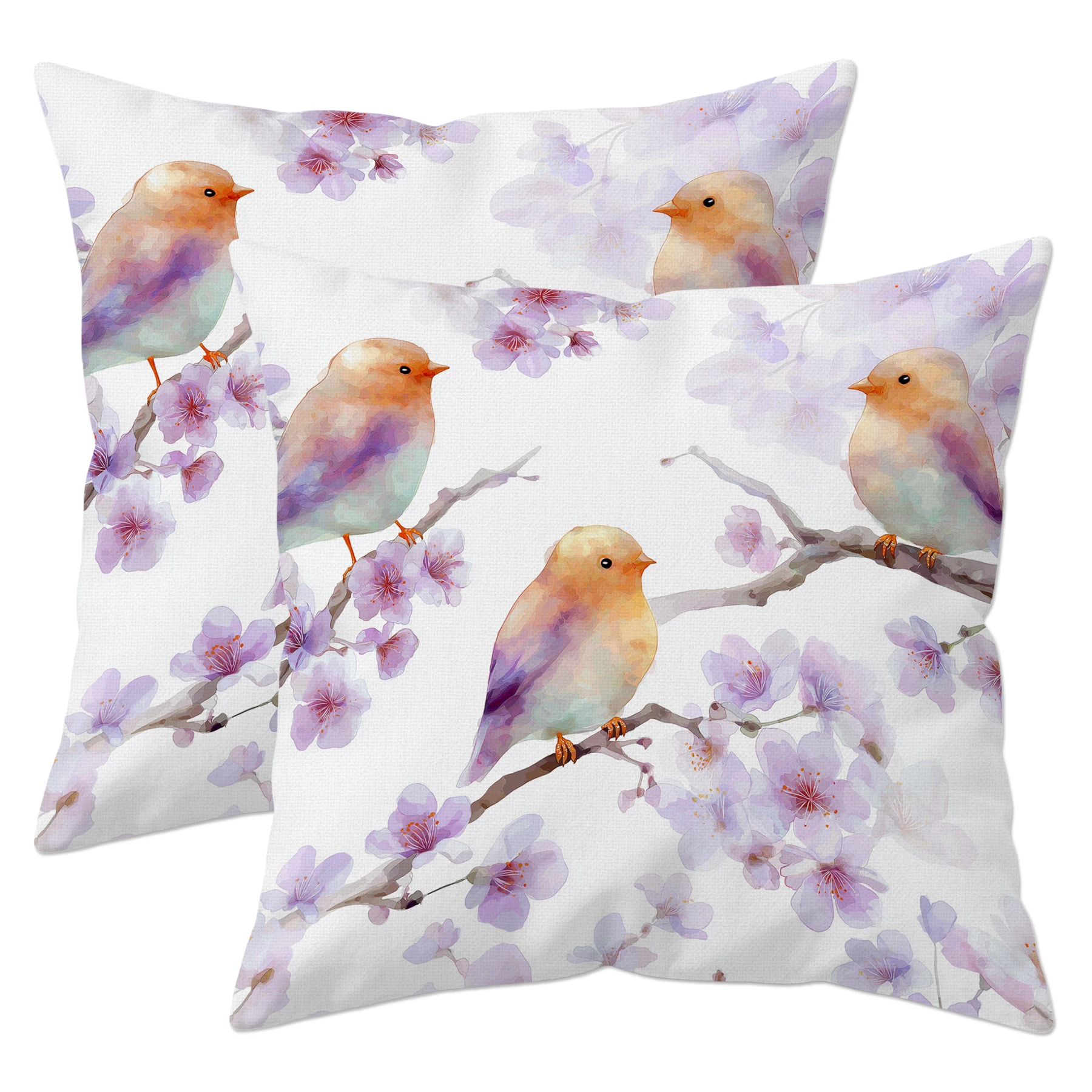 

Watercolor Bird Cherry Blossom Decorative Throw Pillow Cases for Sofa Couch Bedroom, Set of 2 Double-Sided Print White Linen