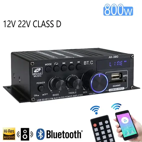 AK380 800W Bluetooth Amplifier HiFi Audio Karaoke Home Theater Amplifier 2 Channel Power Class D Amplifier USB SD AUX Brand New