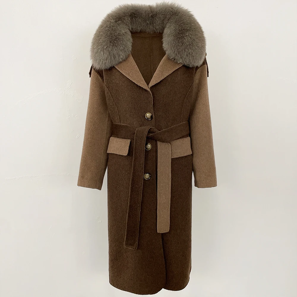 

CXFS Woolen Coat Women Thick Warm Overwears Hooded Double-faced Woolen Blends Jacket Autumn Winter Real Natural Fox Fur Collar