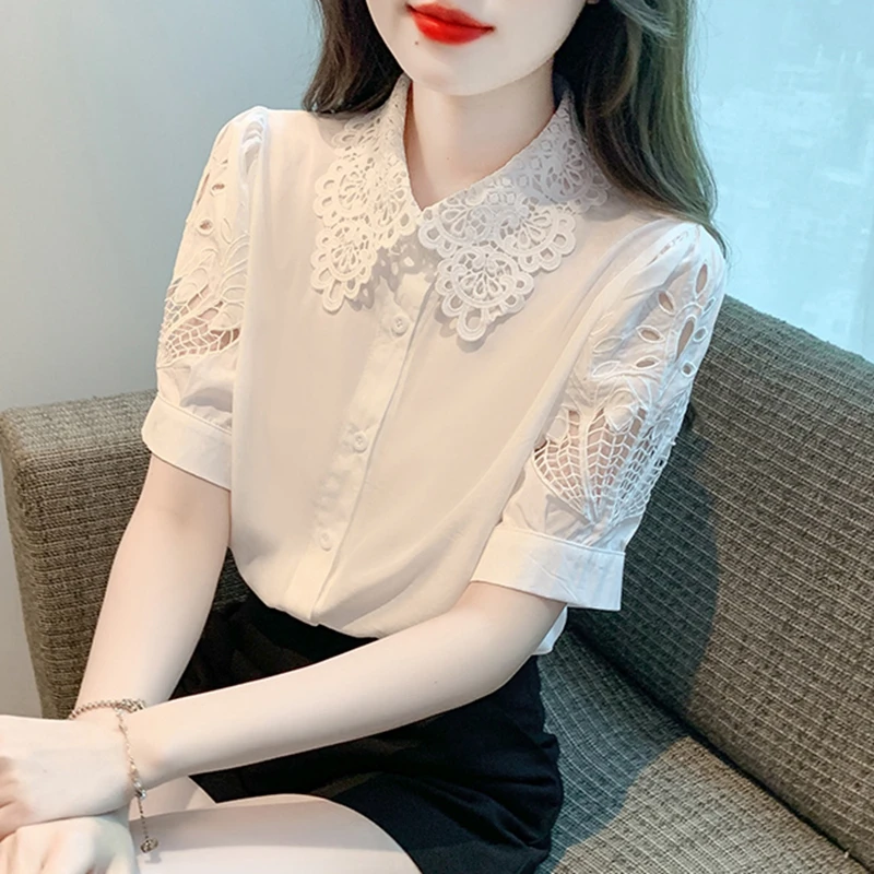 White Hollow Out Office Shirts for Women Short Sleeve Slim Korean Fashion Y2k Clothes Casual Elegant Ladies Tops and Blouses