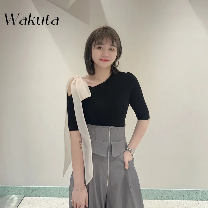 WAKUTA Japanese Sweet Round Neck Bow Single Shoulder Sleeves Knit Elegant Ladies Slim Fit Solid Tanks Poleras De Invierno Mujer