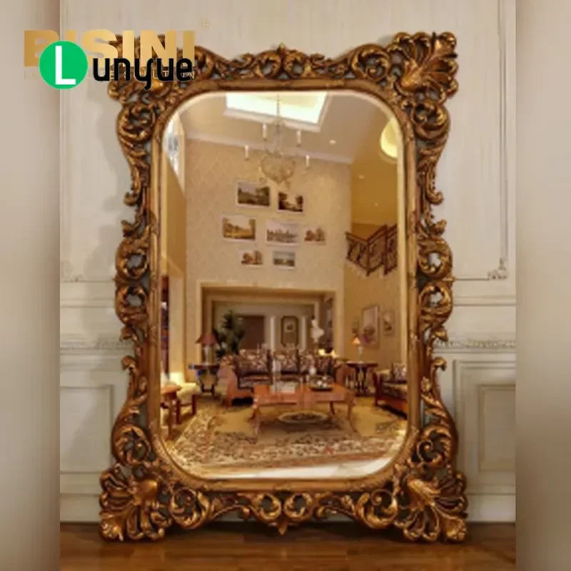 Luxury Gold Foil Engraved Full Body Mirror Floral Pattern Handmade Decorative Floor Standing Mirror for Villa Living Room