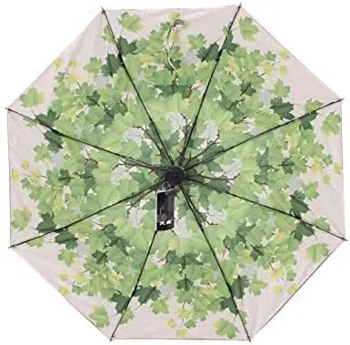 Leafshade Green Tree Leaf Folding Travel Sun Umbrella Sunblock UV Protection UPF 50 Rain Resistant Compact Size Parasol FoldInto