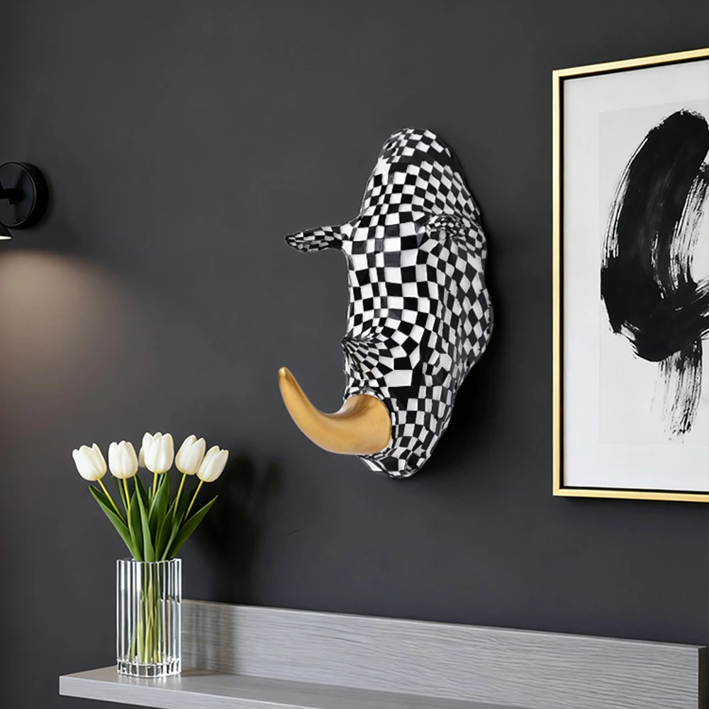 Modern Minimalist Rhinoceros Head Wall Hanging Abstract Mosaic Animal Ornament Resin Decor for Indoor Home Entryway Accent Wall