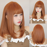 Orange Medium Length Straight Bob Synthetic Wigs with Bangs for Women High Temperature Cosplay Party Natural Hair Wigs