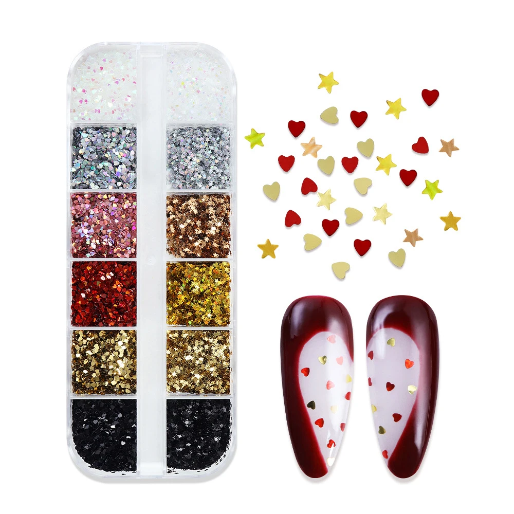 12Grids Sparkly Stars Heart Sequins Gold Holographic Nail Art Flakes Sequins Glitter Charms New Year Christmas Nail Supplies 1mm