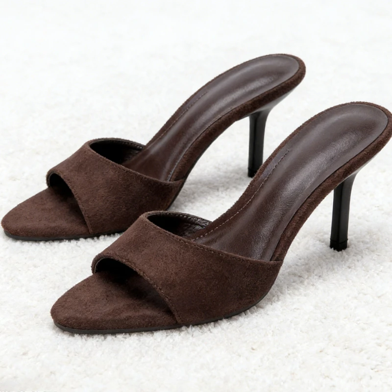 

High Quality Suede Thin Heeled Slippers Women Fashion Animal Printed Slides Sandals Summer Sexy Open Toe Pointed Toe High Heels