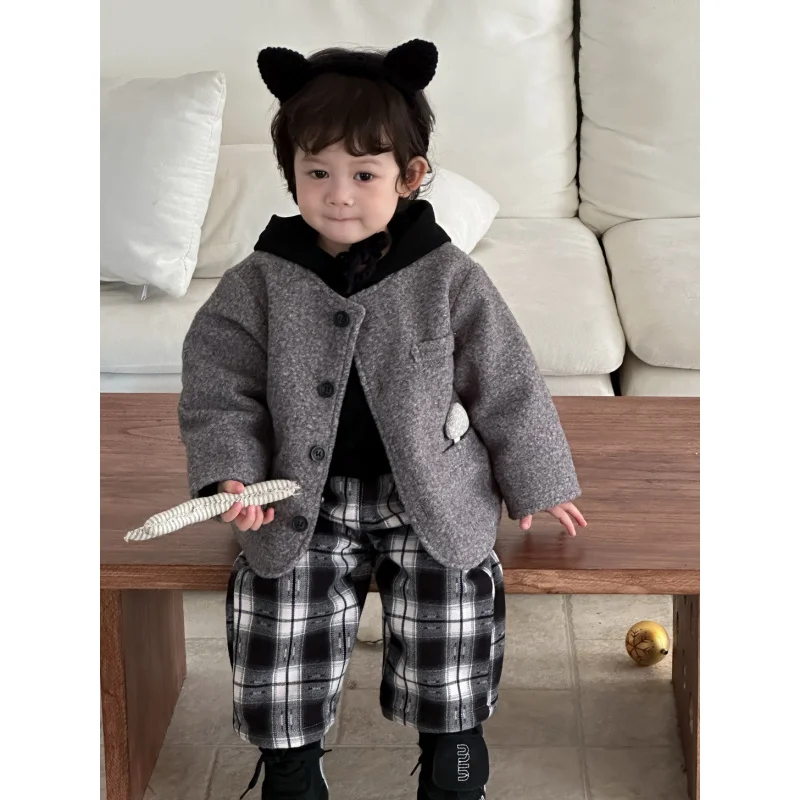 

9.29New Arrival Children Clothing2025Autumn and Winter Baby Outerwear Boys Hooded Sweatshirt Plaid Set