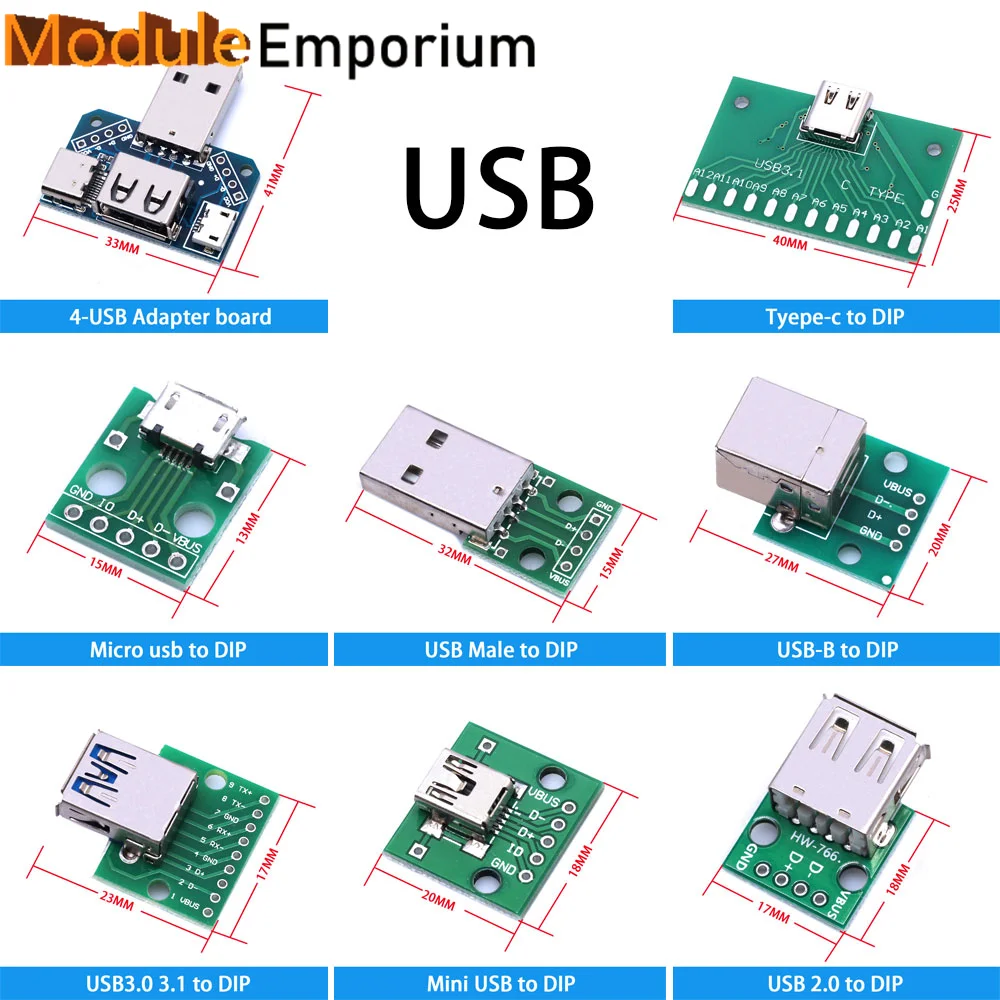 USB Male Connector / MINI MICRO USB to DIP Adapter female connector 2.54 Connector B Type-C USB2.0 3.0 Female PCB Converter