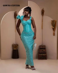 Turquoise Beaded Spaghetti Aso Ebi Luxury Evening Dresses For Wedding 2024 Corset Mermaid Prom Dresses Elegant Gown African robe