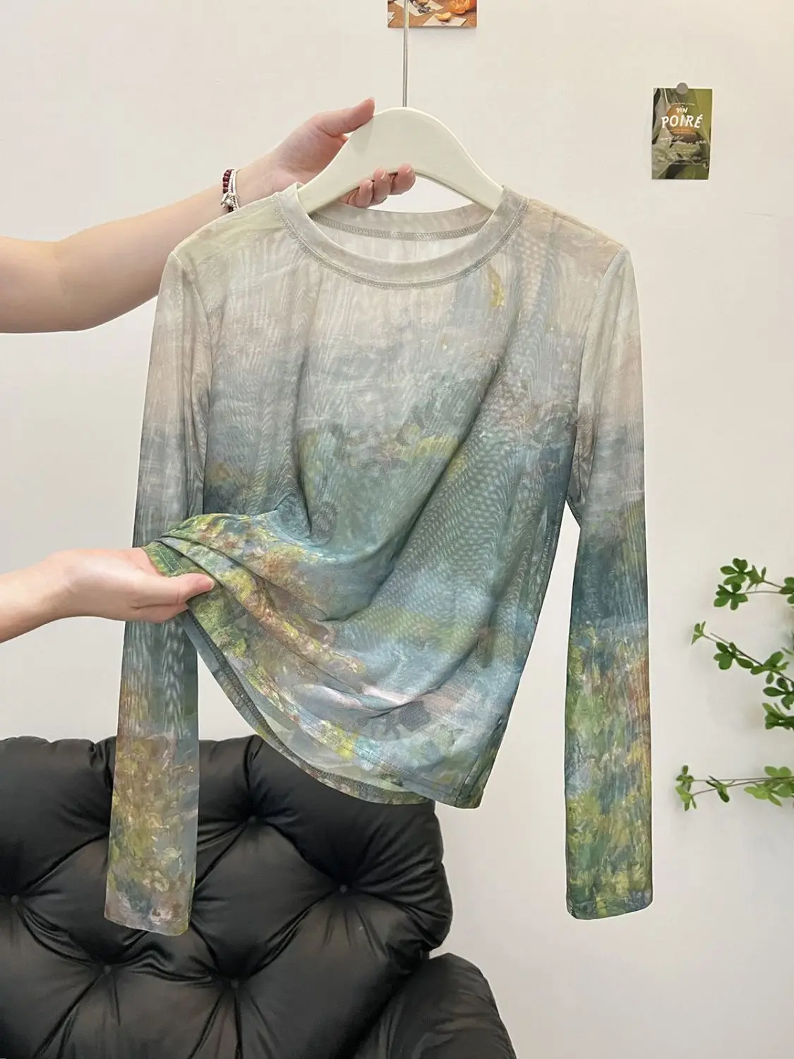 Women Y2K Mesh Shirt Gradient Tie Dye Long Sleeve Sunscreen See Through Conditioned Summer Top