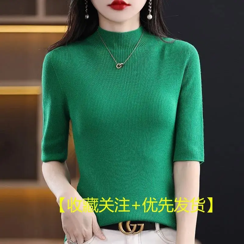 2024Autumn Winter New Fashion Elegant Half High Neck Mid Sleeved Sweater Pullover Solid Color Versatile Women's Clothing Jumpers