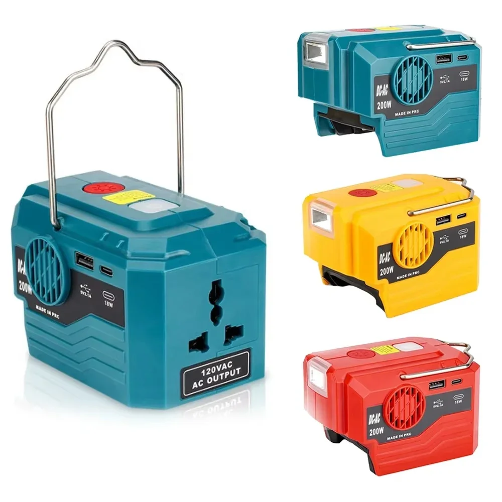 200W Portable Power Inverter For Makita Dewalt Milwaukee 18V 20V Battery USB Type-C 230W DC to AC Converter LED Outdoor Camping