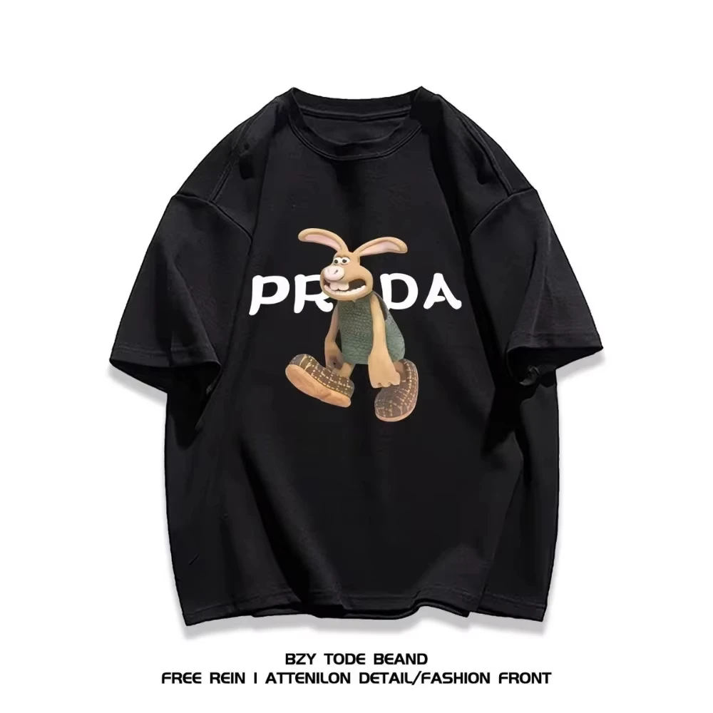 

2026 модная брендовая футболка из плотного хлопка в американском стиле ретро с принтом кролика и короткими рукавами, мужская и женская свободная повседневная летняя футболка