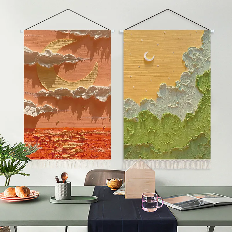 Nordic Pastel Oil Painting Tapestry - Macaron Color Fuji Mountain Art, Aesthetic Room Decor for Living Room and Girl's Room