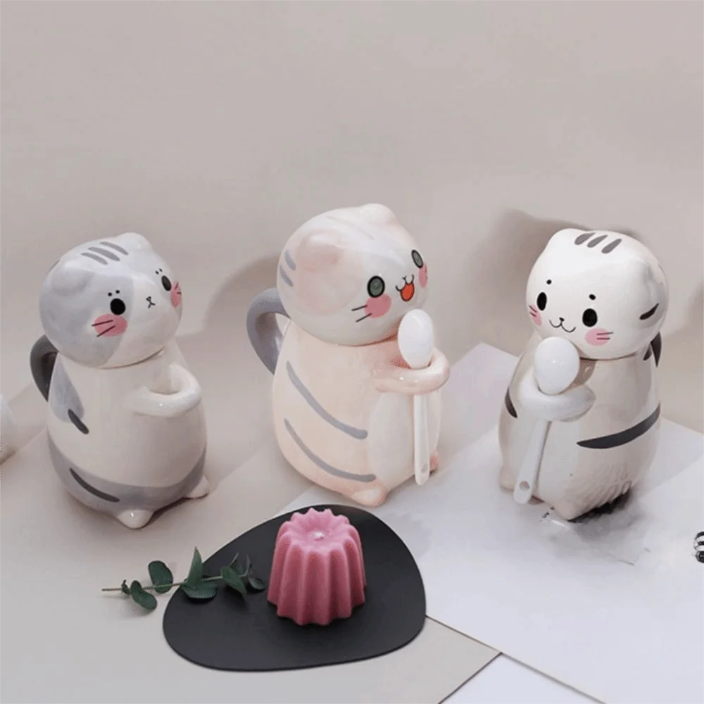 Creative With Spoon Cat Coffee Mug Capped Mug Ceramic Hand Painted Mug Exquisite Cartoon Coffee Pots Coffee Drinking