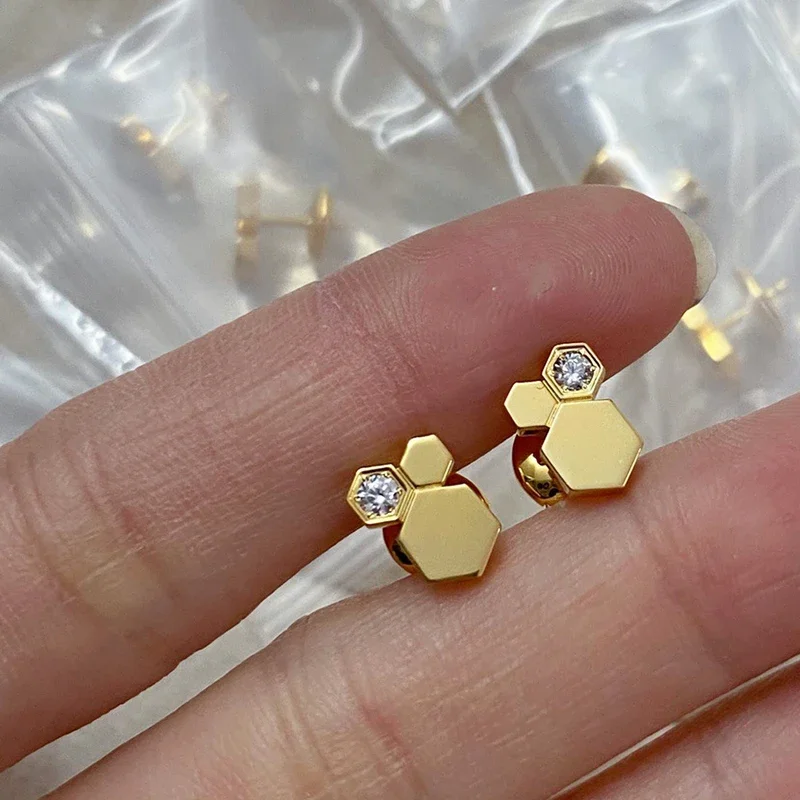 Geometric Honeycomb Earrings for Women Luxury Hexagon AAA Cubic Zirconia Stud Earings Fashion Brand Jewelry love bee my earstuds