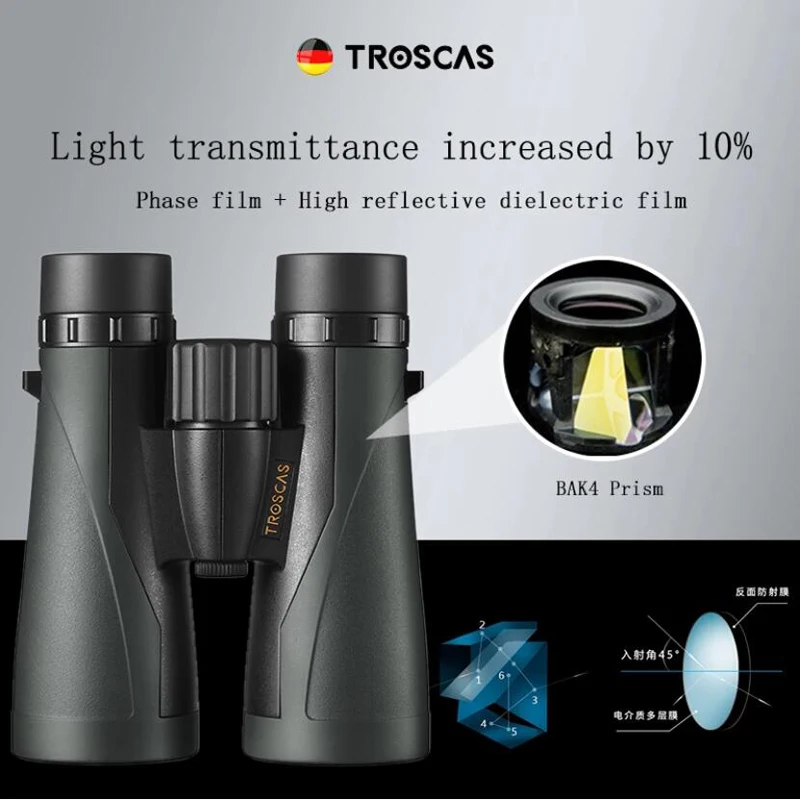 TROSCAS Powerful ED Lens Binoculars 10/12x50 IPX7 Waterproof Bak4 Prism Optics HD Telescope For Camping Hunting Outdoor Tourism