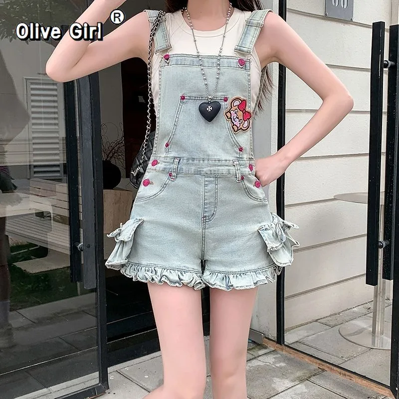 

Olive Girl Denim Jeans Shorts Overalls American Cartoon Embroidered Denim Jumpsuits Women's Rompers Playsuits Pleated Lace