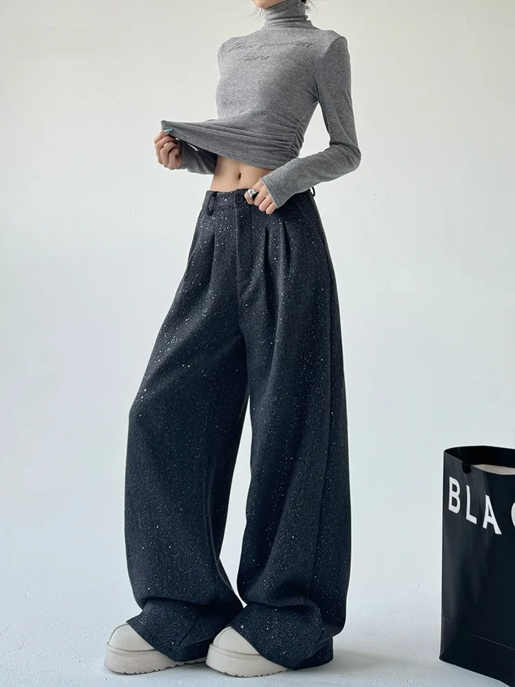 

Ay iny с блестками, модные утягивающие широкие брюки длиной до пола, женские зимние брюки Thiened Fce с высокой талией