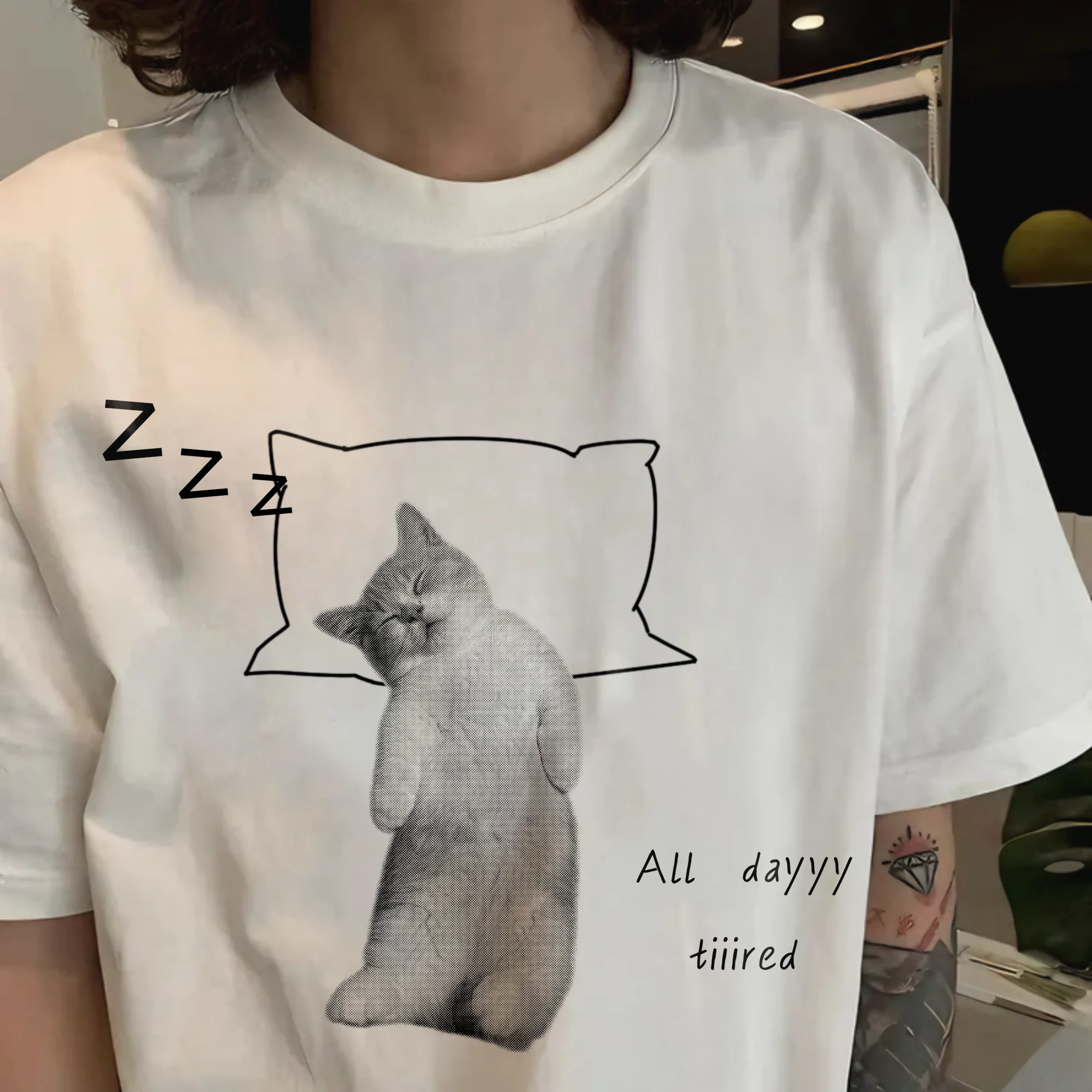 Pure Cotton Short Sleeve T-Shirt for Commuting Early Morning Work  Nap Pose Printed Casual Loose Fit Unisex Summer Top
