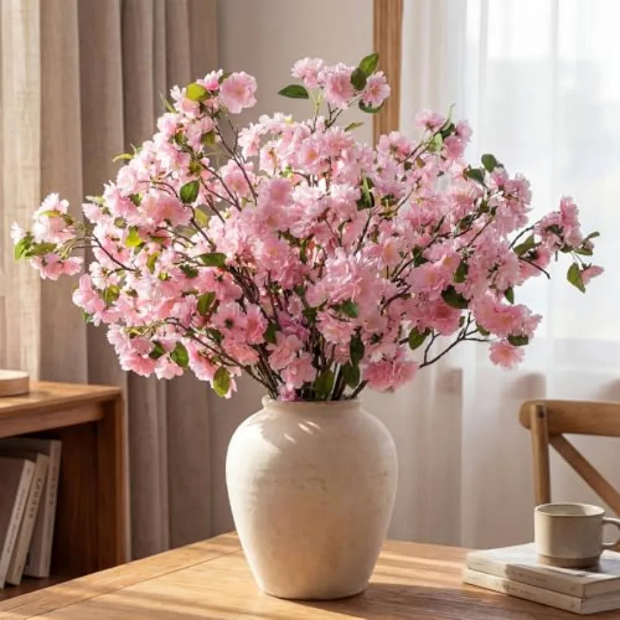 

6 Stems Natural Looking Cherry Blossom Branches 35 Inch Fuller Faux Cherry Blossom Flower with Dense Branching Pink Silk Artifi