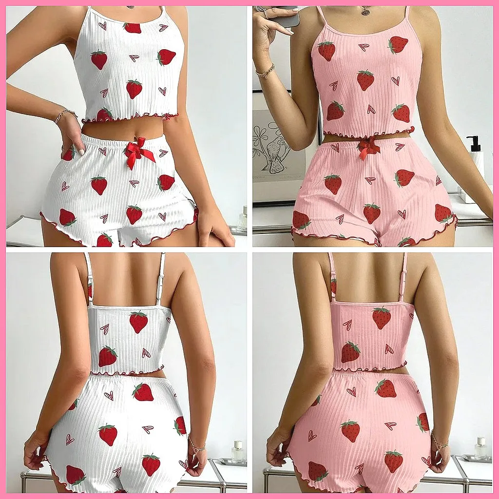 Women's Strawberry Print Pajama Set: Summer Sleeveless Camisole & Shorts Comfy Sleepwear