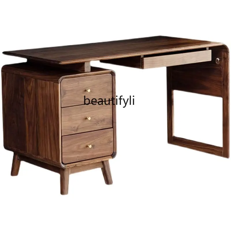 Nordic Black Walnut Solid Wood Desk Simple Modern Study Computer Desk Light Luxury Home Writing Desk Japanese Bookcase