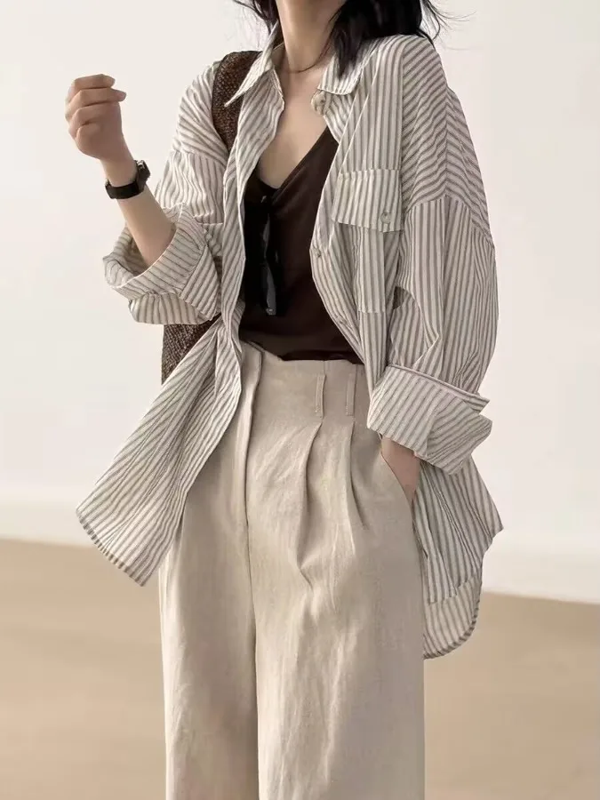 

Ретро-рубашка женская в полоску с длинным рукавом, свободного кроя, с уникальным дизайном, в непринужденном стиле, для узкого круга аудитории, модная, без этикетки