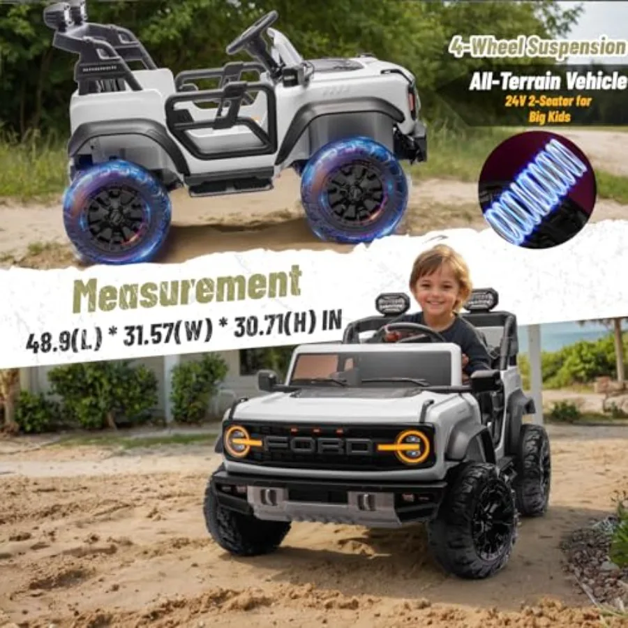 2人乗り24V電動乗用玩具、大型ライセンス取得済みブロンコ・ラプター、パワフルなホイール、リモコン、ヘッドライト/音楽プレーヤー/サスペンション付き